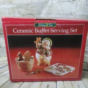 Holiday Time Ceramic Buffet Serving Set Snowman Tealight Gingerbread Spreaders